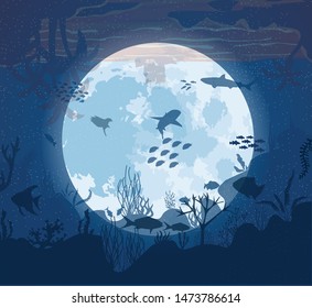 Fantasy World, Dream. Ocean under the moon. Vector illustration