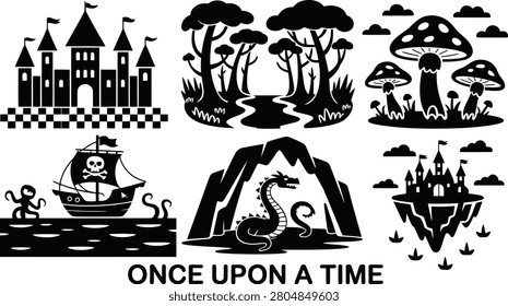 Fantasy world elements. Castle, forest, enchanted path, mushrooms, pirate ship, dragon, fantasy.
