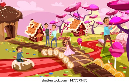 Fantasy world flat vector illustration. Children, boys and girls having fun in sweet land cartoon characters. Gingerbread houses, delicious juice river, cookies and chocolate road dream land