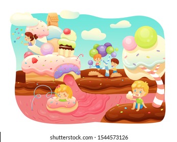 Fantasy world flat vector illustration. Children, boys and girls having fun in sweet land cartoon characters. Cake houses, delicious juice river, cookies and chocolate road dream land