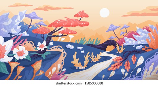 Fantasy world flat vector illustration. Fantastic location, unrealistic flora, magic plants, fairy flowers and trees. Imaginary kingdom concept. Fanciful place, magical forest, beautiful landscape.