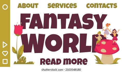 Fantasy world landing page template with cute elves in the nature, cartoon flat vector illustration. Web banner with fairy pixies in the forest jumping on mushroom.