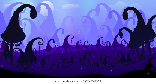 Fantasy world landscape with alien cosmic mushrooms silhouette, game fairy background with deep forest, mystery planet environment, dream like wonderland nature in cartoon style