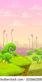 Fantasy world scene. Magic cartoon landscape with green unusual plants. Alien planet location. Vertical background for game design.