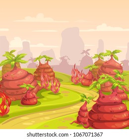 Fantasy world scene. Magic cartoon landscape with big red plants. Alien planet location. Square background for game design.