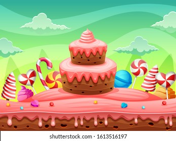 Fantasy world sweet land cake and candy of illustration