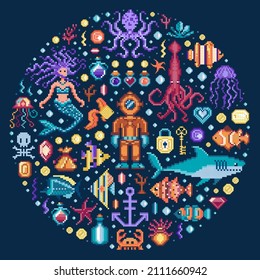 Fantasy world underwater print in circle shape. Pixel art games elements and 8 bit objects. Such as sea creatures, treasures, aquatic animals, plants, algae, potions and gems on dark background.