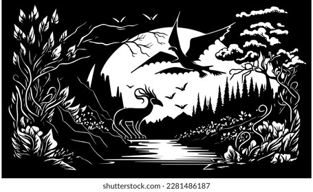 Fantasy world vector black line illustration isolated white. Sketch art