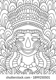 Fantasy young queen detailed coloring page for kids and adults vector. Symmetry smiling lady portrait vertical printable worksheet. Mardi Gras carnival queen character black outline isolated on white