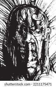 Fantasy zombie monster drawn in black and white.
