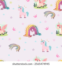 Fantasy-Themed Seamless Pattern with Unicorns and Dripping Rainbows. Pastel Unicorn and Rainbow Illustration for Kids. Magical Pastel Design with Unicorns and Stars