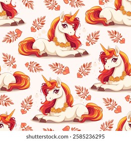 Fantasy-Themed Seamless Pattern with Unicorns and Dripping Rainbows. Pastel Unicorn and Rainbow Illustration for Kids. Magical Pastel Design with Unicorns and Stars
