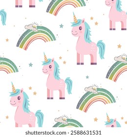 Fantasy-Themed Seamless Pattern with Unicorns and Dripping Rainbows. Pastel Unicorn and Rainbow Illustration for Kids. Magical Pastel Design with Unicorns and Stars