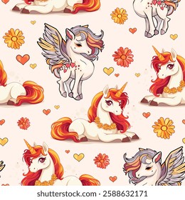 Fantasy-Themed Seamless Pattern with Unicorns and Dripping Rainbows. Pastel Unicorn and Rainbow Illustration for Kids. Magical Pastel Design with Unicorns and Stars