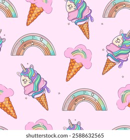 Fantasy-Themed Seamless Pattern with Unicorns and Dripping Rainbows. Pastel Unicorn and Rainbow Illustration for Kids. Magical Pastel Design with Unicorns and Stars