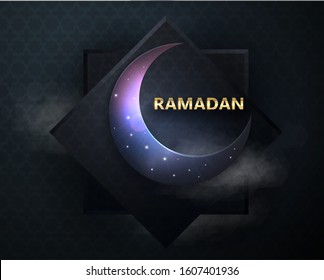 Fanus Muslim feast of the holy month . Full moon night background. Space illustration. Ramadan kareem background. Ramadan mubarak beautiful greeting card.Abstract 3d background with black paper layers