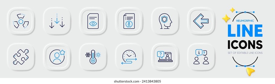 Faq, Best friend and Interview line icons for web app. Pack of Left arrow, Technical info, Puzzle pictogram icons. Chemical hazard, Thermometer, Scroll down signs. Time schedule. Vector