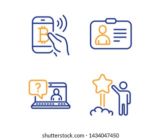 Faq, Bitcoin pay and Id card icons simple set. Star sign. Web support, Mobile payment, Human document. Launch rating. People set. Linear faq icon. Colorful design set. Vector