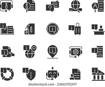 FAQ black glyph icons set on white space. Full list of answers and questions. Information base for website users. Silhouette symbols. Solid pictogram pack. Vector isolated illustration