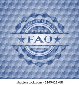 FAQ blue emblem with geometric pattern.