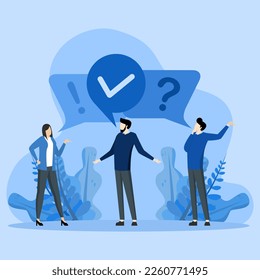 FAQ, business advice or help and support service, questions and answers, problem solving solutions, communication or team brainstorming concept, people asking questions and answers to solve problems.