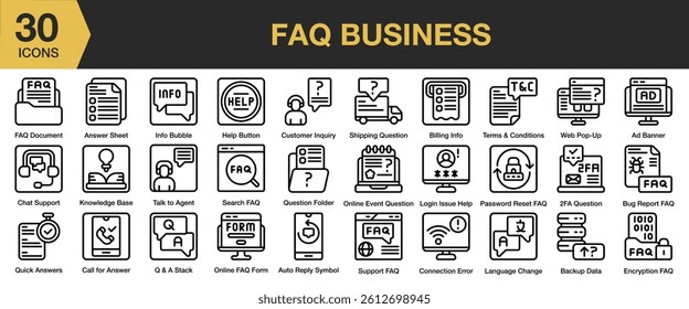 FAQ Business icon set. Includes business, faq, help, information, question, ask, mark, and More. Outline icons vector collection.