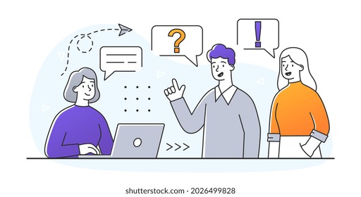 FAQ Business Metaphor. Employee answers clients of company to any questions they may have. Consultation with company specialists. Cartoon flat vector illustration isolated on white background