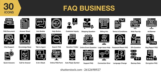FAQ Business solid icon set. Includes business, faq, help, information, question, ask, mark, and More. Solid icons vector collection.