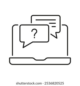 Chat en el icono de la línea del ordenador portátil, Asistencia en línea y comunicación con el Cliente. Pregunta y respuesta Speech Bubble Shape Outline Symbol. Trazo Editable. Ilustración vectorial aislada.