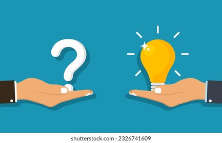 FAQ concept or asking for idea or answer. Hand holds question mark and giving, receiving light bulb with idea or answer from other hand. Concept of FAQ or providing ideas to solve problems. Vector.