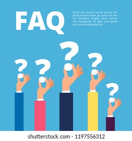 Faq concept. Businessman hands holding question marks. Quiz and online support vector illustration. Faq support, asking and solving