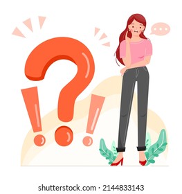 FAQ concept. Confused young girl standing and thinking, question mark. Misunderstanding female and working woman character need help to answer problem, asking questions. Flat vector illustration.