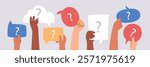 FAQ concept, diverse group of people holding speech bubbles with questions marks, human arms raising frequently asked questions, online. Modern vector illustration banner template, isolated background