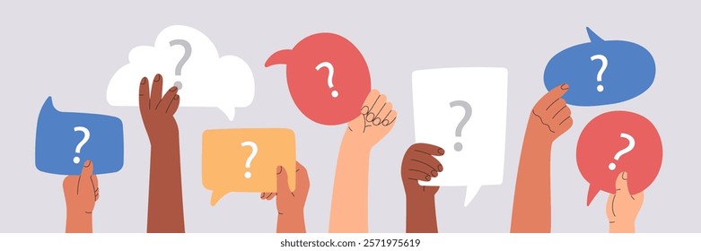 FAQ concept, diverse group of people holding speech bubbles with questions marks, human arms raising frequently asked questions, online. Modern vector illustration banner template, isolated background