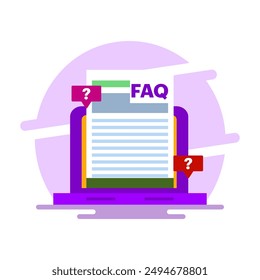 FAQ concept, Frequently asked questions, Website with FAQ page, Question and answer page to help audience, Questions or problem solving, online support center questions digital tool. flat vector.