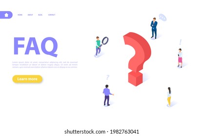 Concepto de preguntas frecuentes. Un grupo de personas está buscando respuestas a las preguntas. Asistencia en línea y solución de problemas exitosa. Ilustración isométrica vectorial plana.