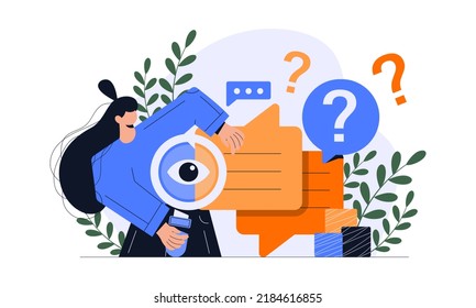 FAQ concept illustration. people looking through magnifying glass at interrogation point. searching solutions, useful information, customer support, solving problem. Vector illustration