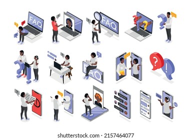 FAQ concept isometric set of people asking questions and receive answers from web manual or outside support isolated vector illustration