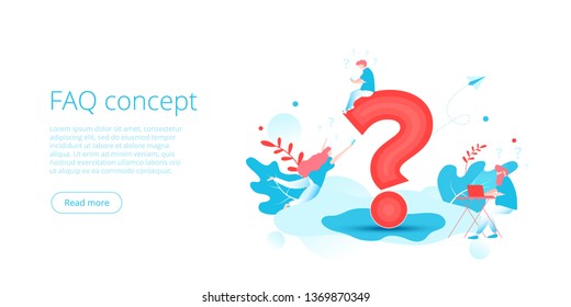 FAQ concept in isometric vector illustration. Website frequently asked questions background with people and sign. Millenials sharing or following online using gadgets. Web banner layout template.