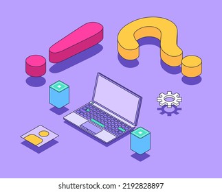 FAQ concept in isometric vector illustration. Frequently asked questions. Question and allert sign with laptop and server. Search information. Vector illustration