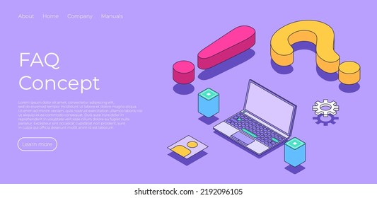 FAQ concept landing page in isometric vector illustration. Frequently asked questions. Question and allert sign with laptop and server. Search information. Vector illustration