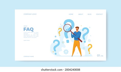 FAQ concept of men looking through magnifying glass at interrogation point and question mark. Vecror illustration of searching solutions, useful information, customer support, solving problem, choice.