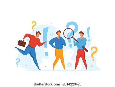 FAQ concept of men looking through magnifying glass at interrogation point and question mark. Vecror illustration of searching solutions, useful information, customer support, solving problem, choice.