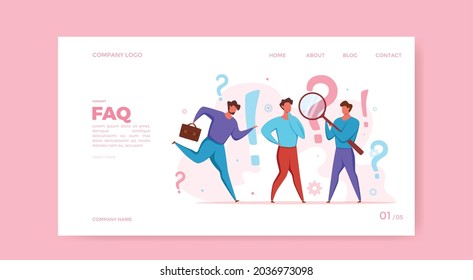 FAQ concept of men looking through magnifying glass at interrogation point and question mark. Vecror illustration of searching solutions, useful information, customer support, solving problem, choice.