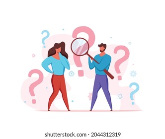 FAQ concept of men looking through magnifying glass at interrogation point and question mark. Vecror illustration of searching solutions, useful information, customer support, solving problem, choice.