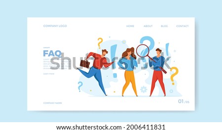 FAQ concept of men looking through magnifying glass at interrogation point and question mark. Vecror illustration of searching solutions, useful information, customer support, solving problem, choice.