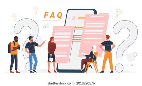 Faq Concept, Online Customer Support Vector Illustration. Cartoon People Ask Questions And Receive Answers From Faq Manual, Standing Near Giant Mobile Phone And Question Mark Isolated On White