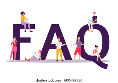 FAQ concept with people asking to online support center via smartphone and laptop flat vector illustration isolated on white background. Landing page, ui mobile app.