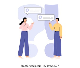 Concepto de preguntas frecuentes. Personas personajes chatbot Preguntas frecuentes. Servicio de Asistencia online. Burbuja de discurso de QA, sesión de preguntas y respuestas. Ilustración vectorial plana