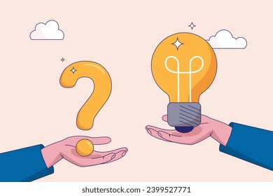 FAQ concept. Question and answer, solving problem or business solution, ask for reply or idea to solve difficulty and trouble, businessman hand holding question mark with other reply with lightbulb.